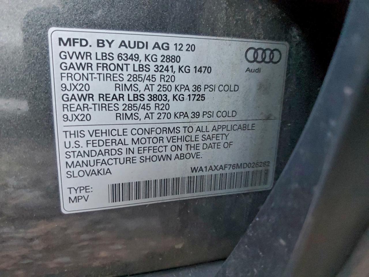 2021 Audi Q7 Premium VIN: WA1AXAF76MD026282 Lot: 93663885