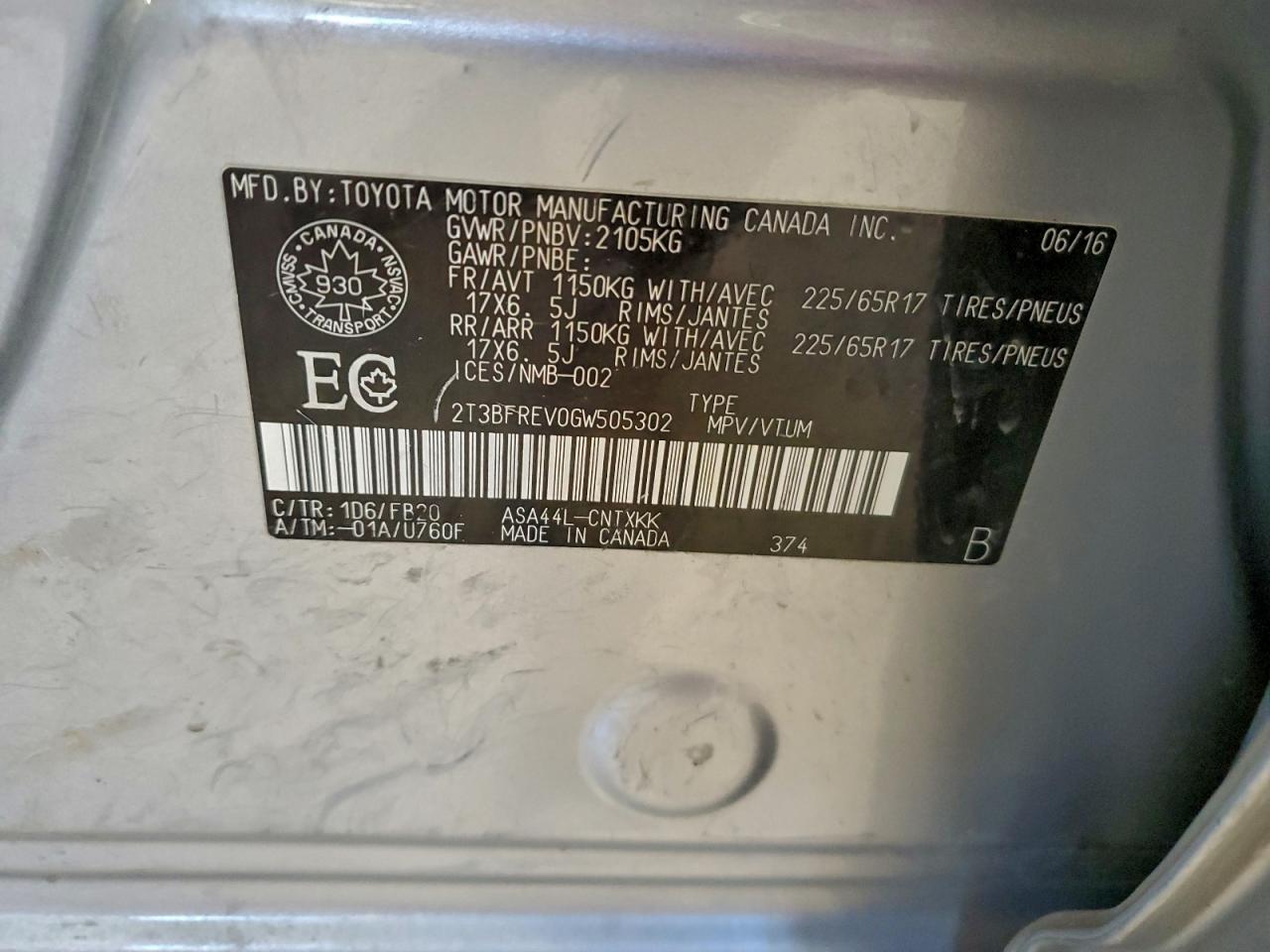 2016 Toyota Rav4 Le VIN: 2T3BFREV0GW505302 Lot: 94152975