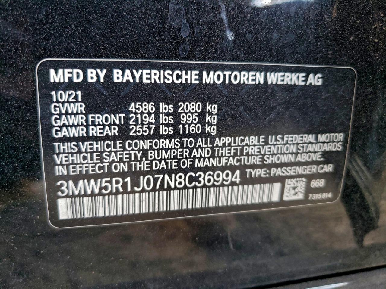2022 BMW 330I VIN: 3MW5R1J07N8C36994 Lot: 93731045