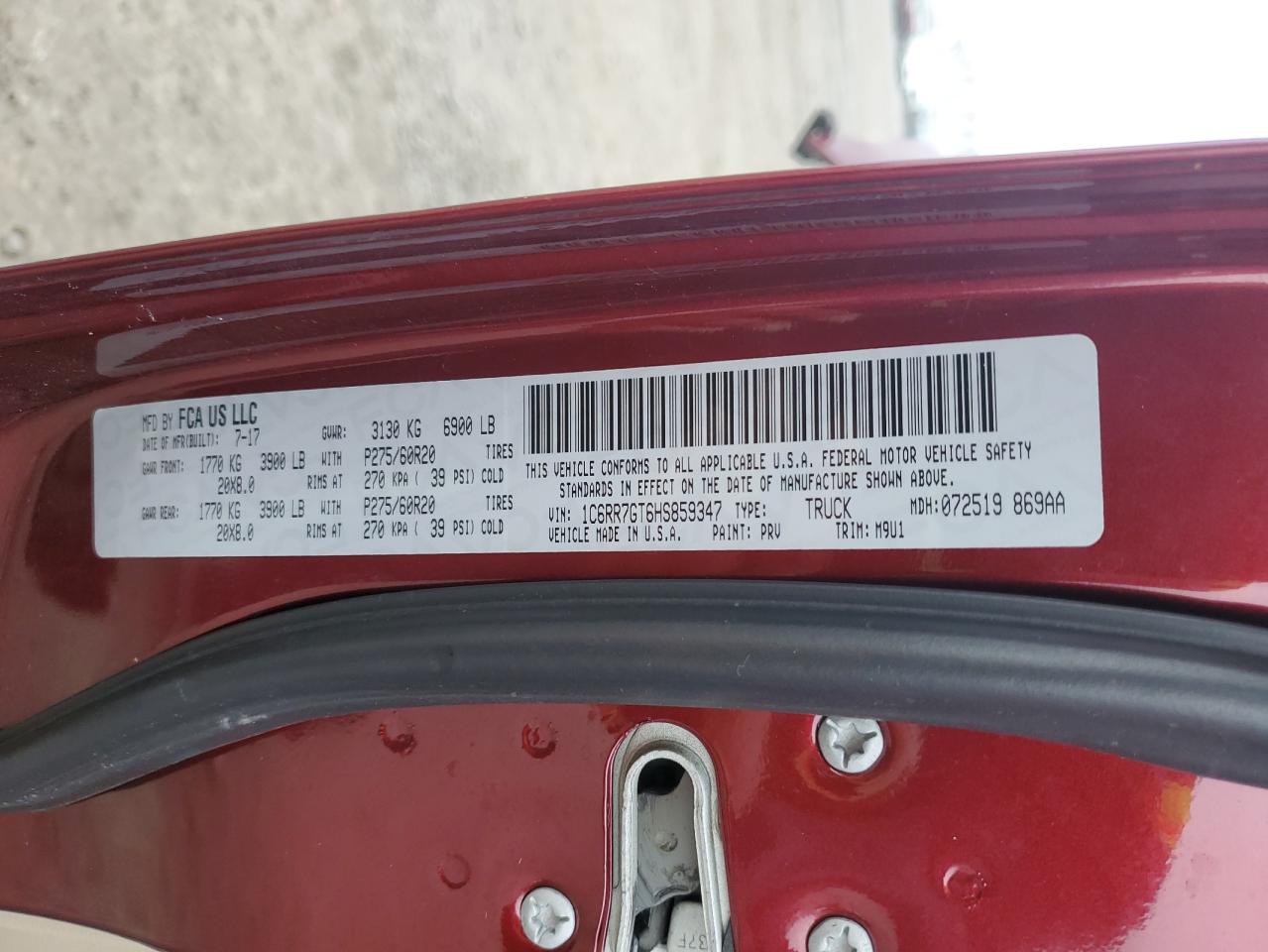 2017 Ram 1500 Slt VIN: 1C6RR7GT6HS859347 Lot: 93039795