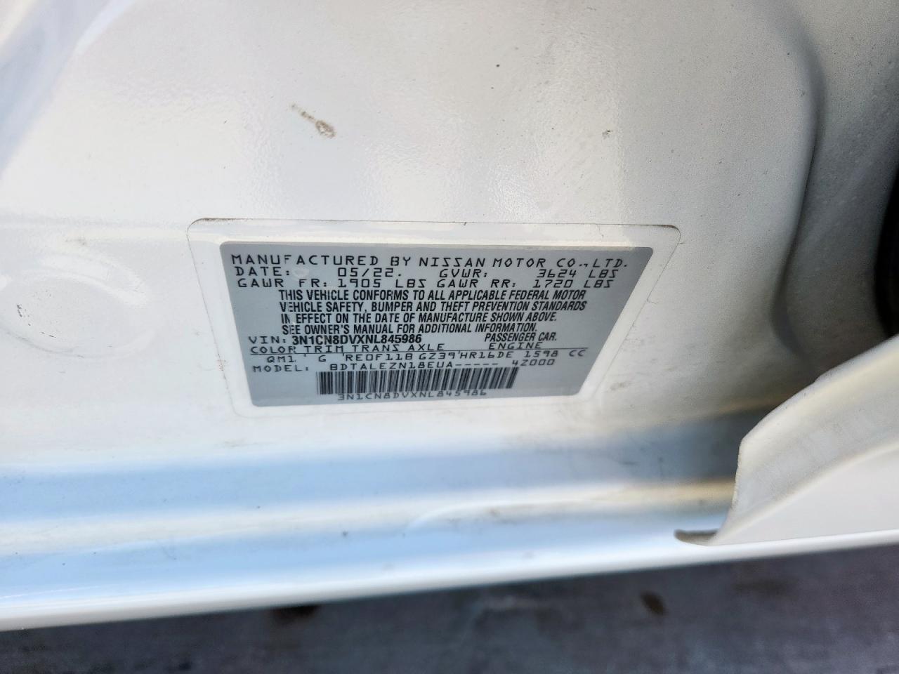 2022 Nissan Versa S VIN: 3N1CN8DVXNL845986 Lot: 90715635