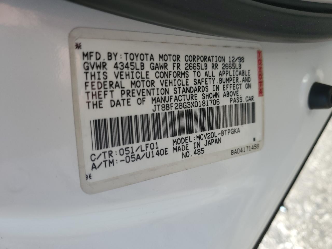 1999 Lexus Es 300 VIN: JT8BF28G3X0181706 Lot: 92052055