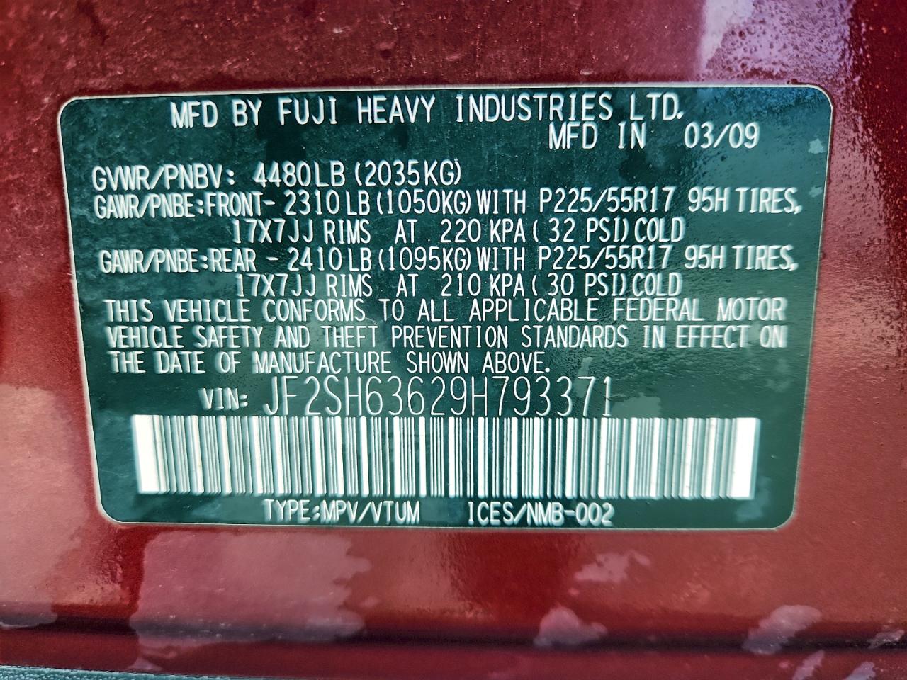 2009 Subaru Forester 2.5X Premium VIN: JF2SH63629H793371 Lot: 93826565