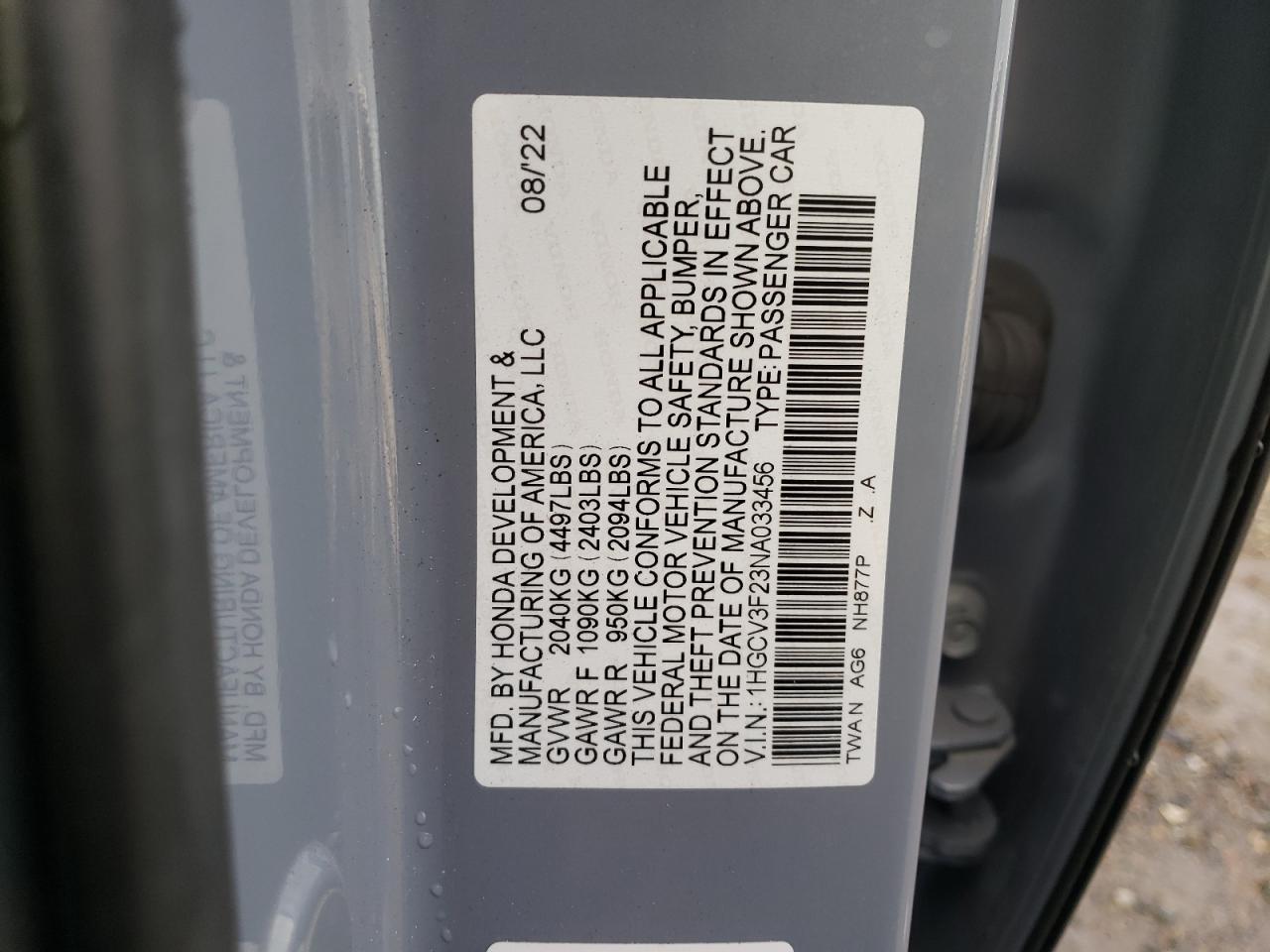 2022 Honda Accord Hybrid Sport VIN: 1HGCV3F23NA033456 Lot: 93111395