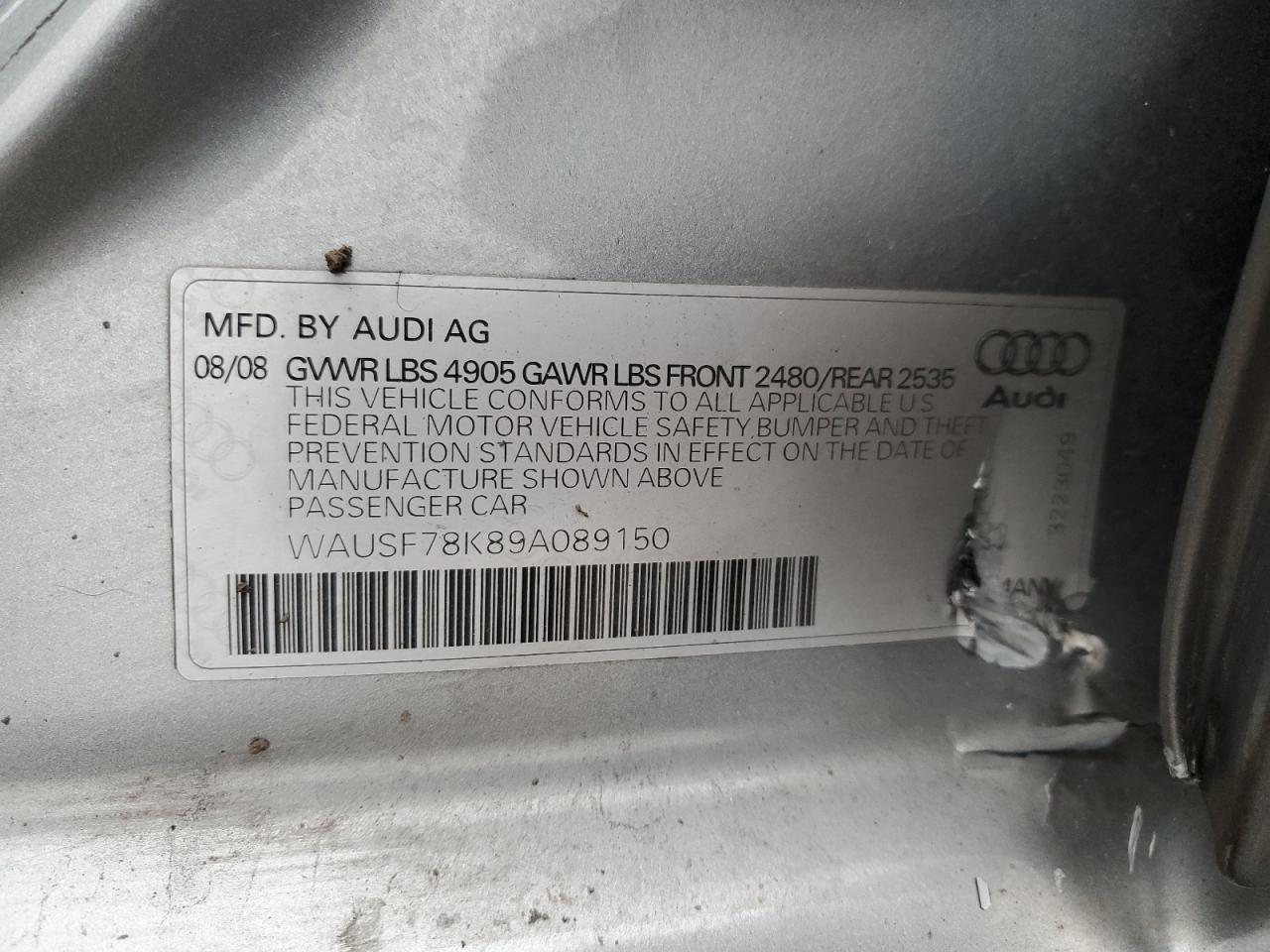 2009 Audi A4 Premium Plus VIN: WAUSF78K89A089150 Lot: 93104445