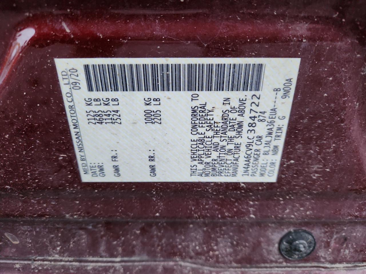 2020 Nissan Maxima Sv VIN: 1N4AA6CV9LC384722 Lot: 93609465