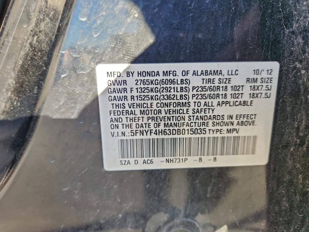 2013 Honda Pilot Exl VIN: 5FNYF4H63DB015035 Lot: 93936385