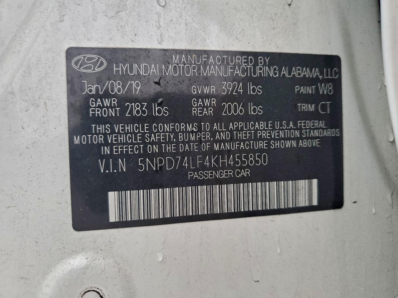 2019 Hyundai Elantra Se VIN: 5NPD74LF4KH455850 Lot: 94285455