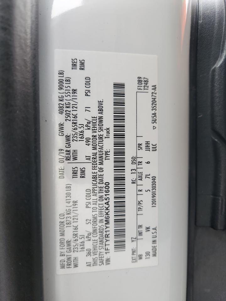 2019 Ford Transit T-250 VIN: 1FTYR1YM6KKA51600 Lot: 92591295