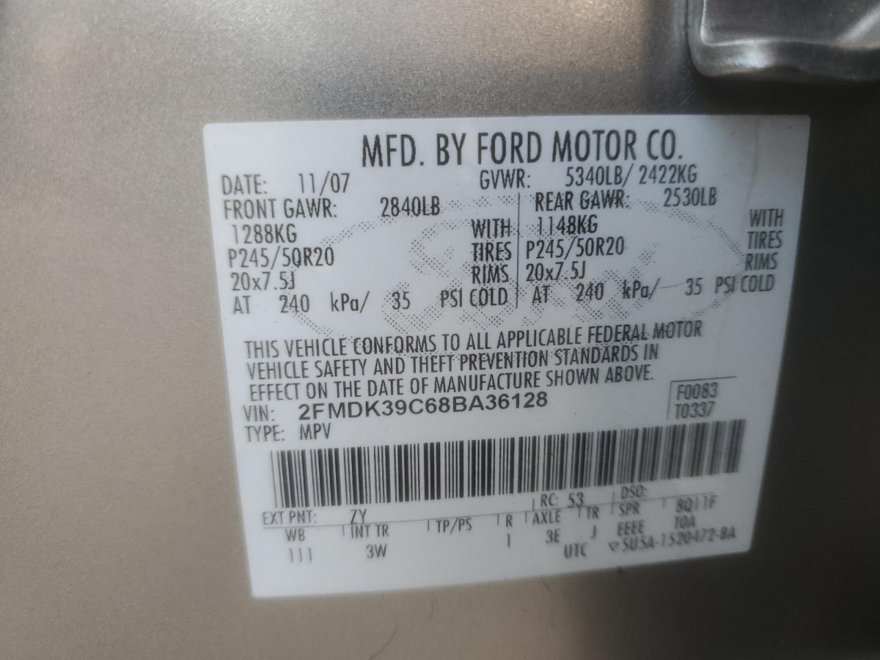 2008 Ford Edge Limited VIN: 2FMDK39C68BA36128 Lot: 91204035