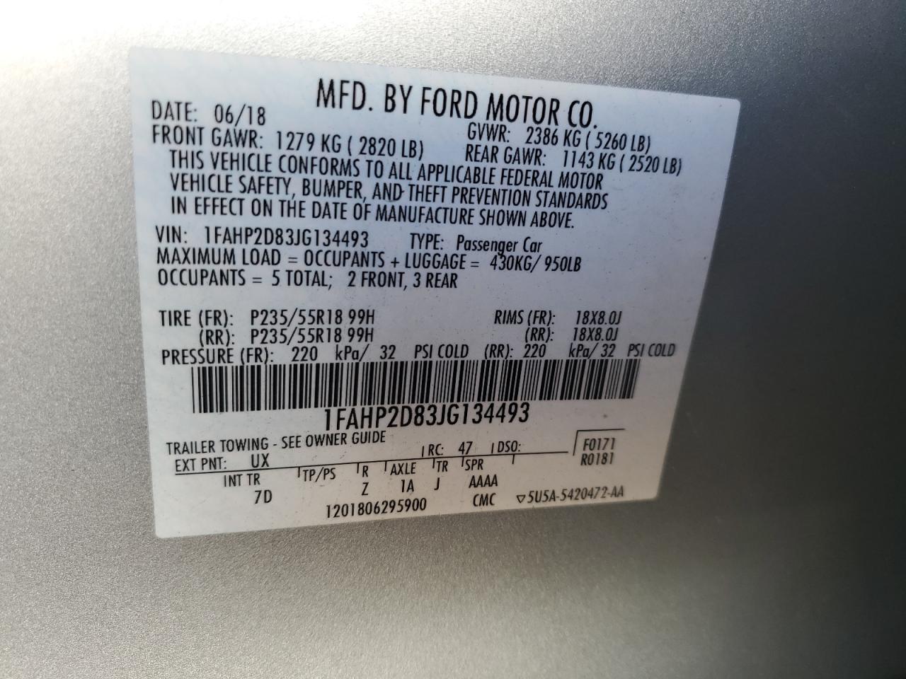 2018 Ford Taurus Se VIN: 1FAHP2D83JG134493 Lot: 93071915