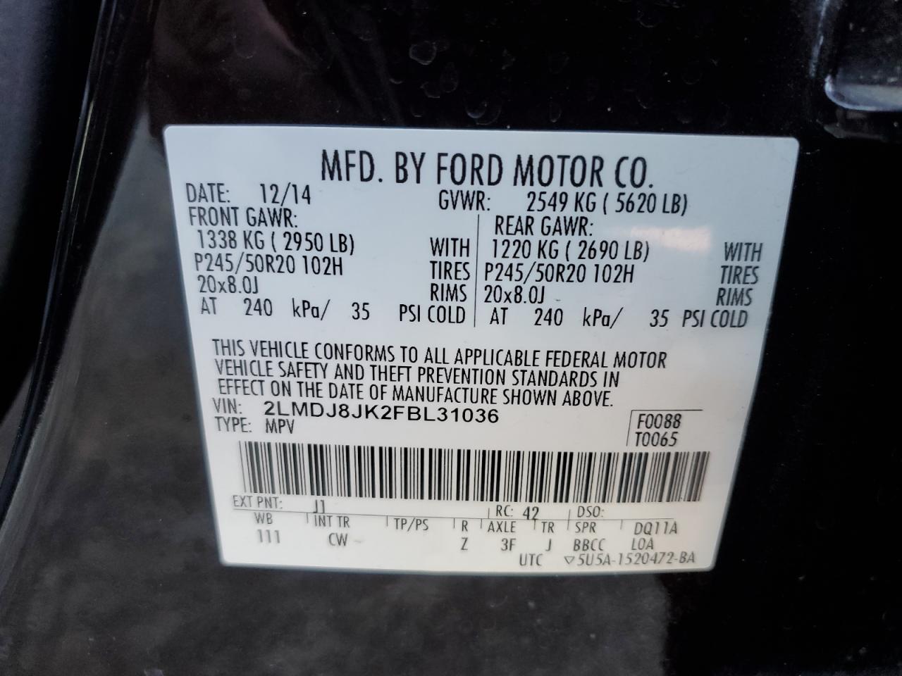 2015 Lincoln Mkx VIN: 2LMDJ8JK2FBL31036 Lot: 92045715