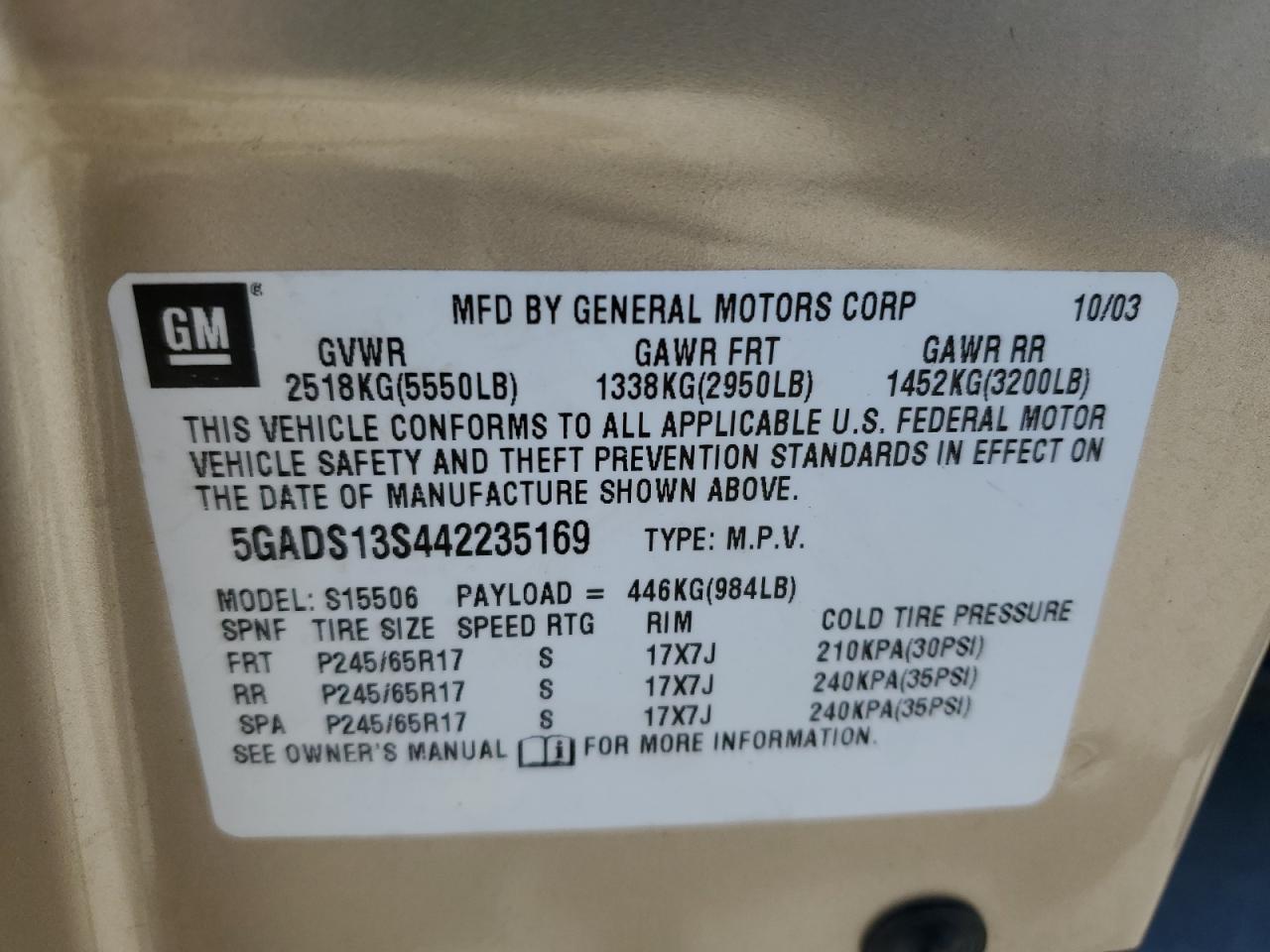 2004 Buick Rainier Cxl VIN: 5GADS13S442235169 Lot: 92996625