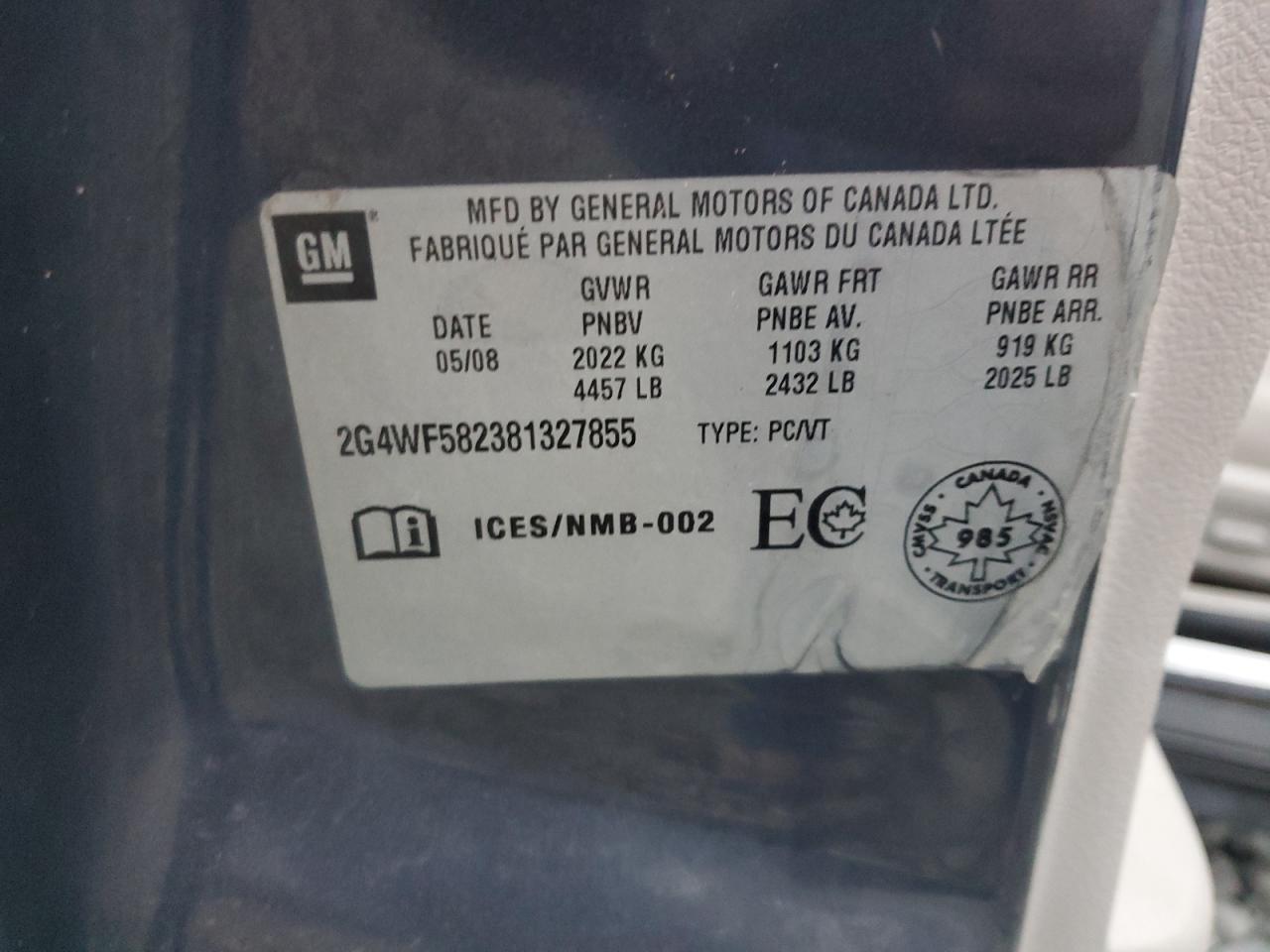 2008 Buick Allure Cx VIN: 2G4WF582381327855 Lot: 92897765