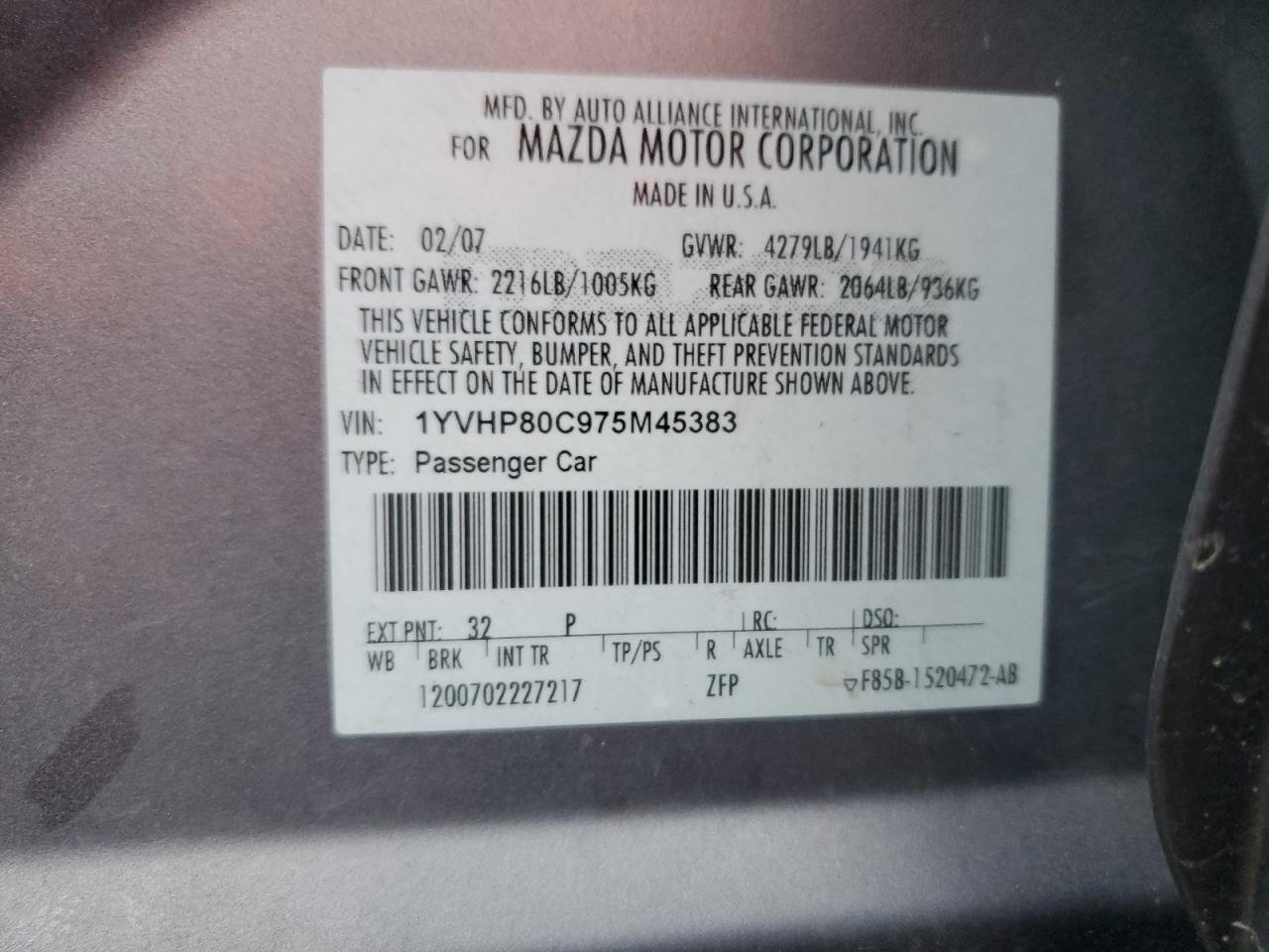 2007 Mazda 6 I VIN: 1YVHP80C975M45383 Lot: 92626605