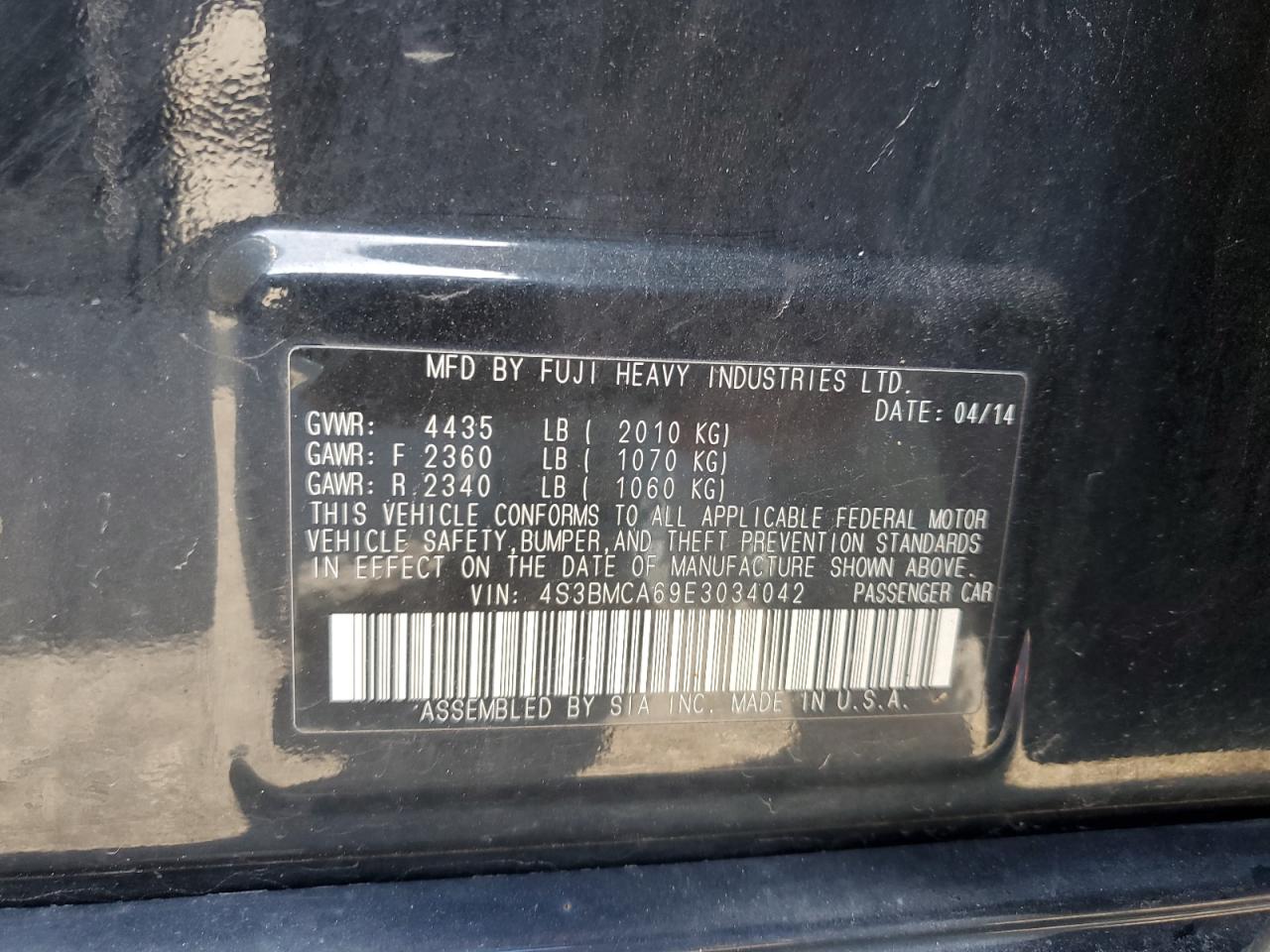 2014 Subaru Legacy 2.5I VIN: 4S3BMCA69E3034042 Lot: 92521865