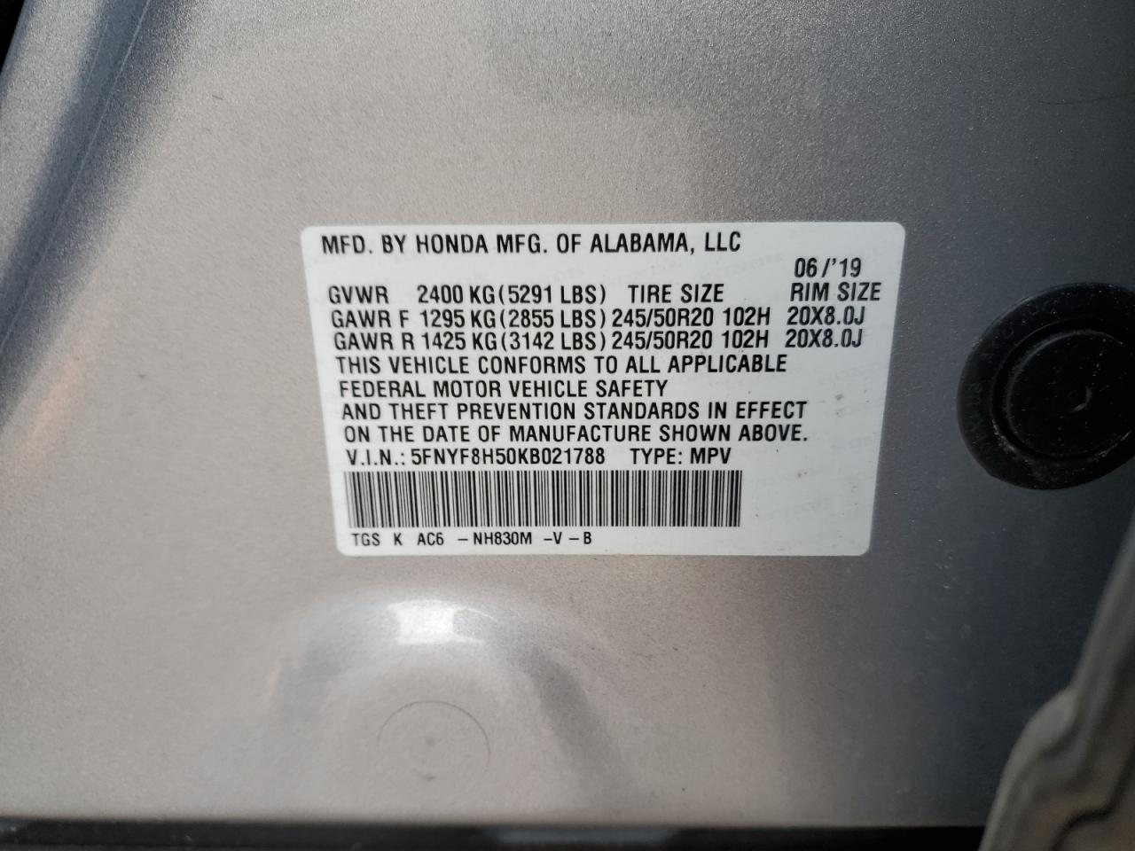 2019 Honda Passport Exl VIN: 5FNYF8H50KB021788 Lot: 91583305