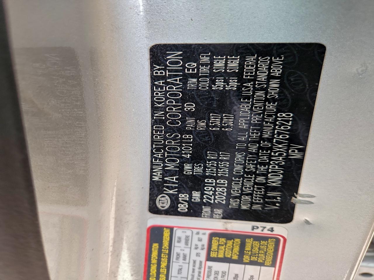 2019 Kia Soul + VIN: KNDJP3A5XK7676218 Lot: 94716895