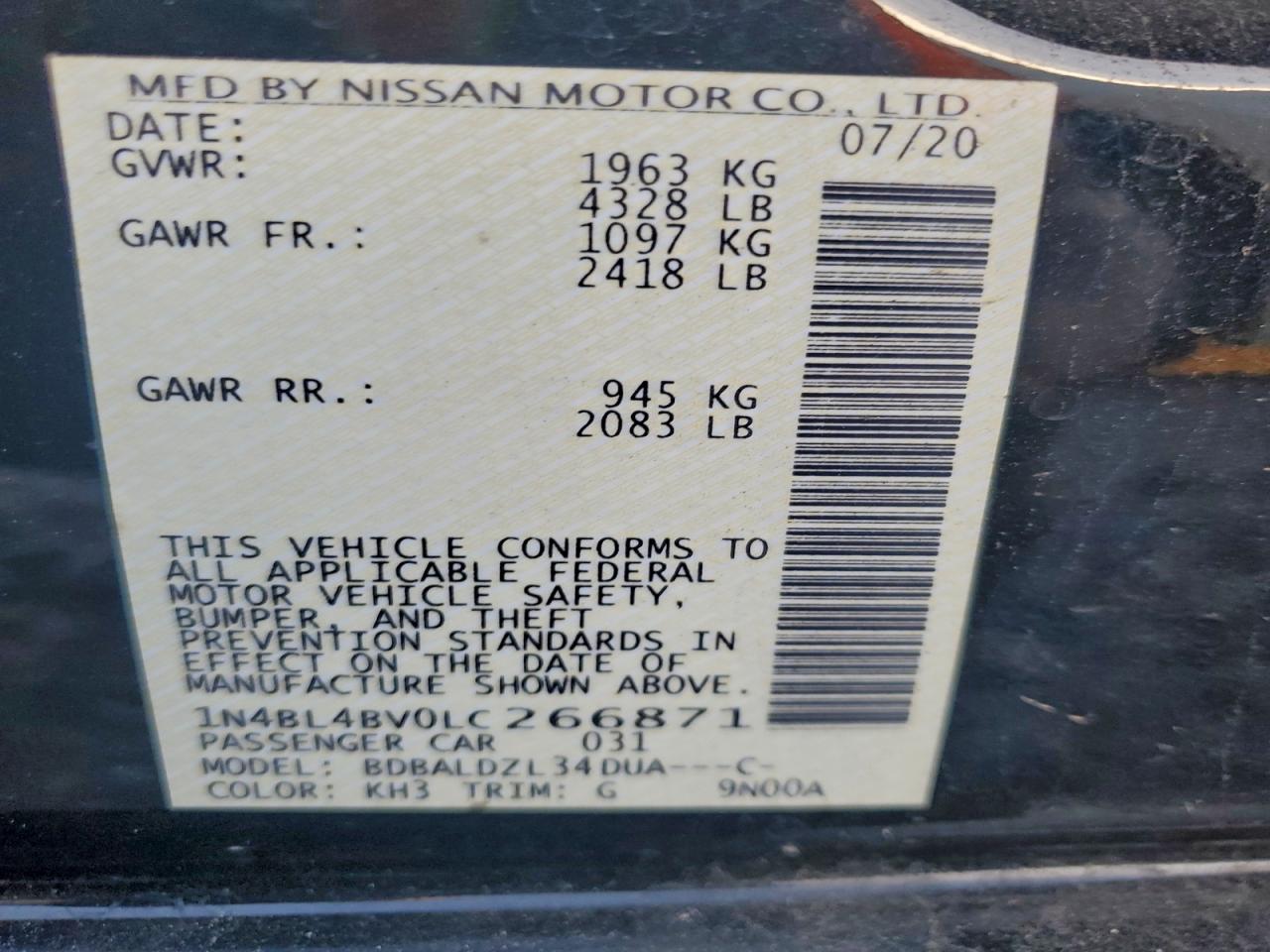 2020 Nissan Altima S VIN: 1N4BL4BV0LC266871 Lot: 94385515