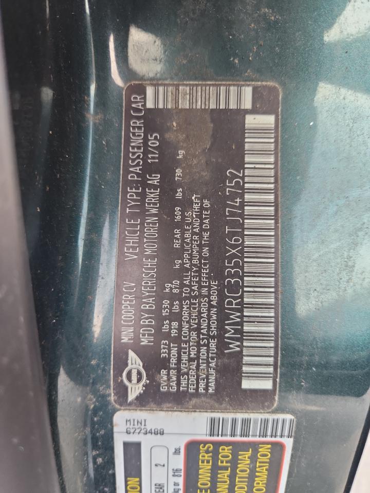 2006 Mini Cooper VIN: WMWRC335X6TJ74752 Lot: 93392015