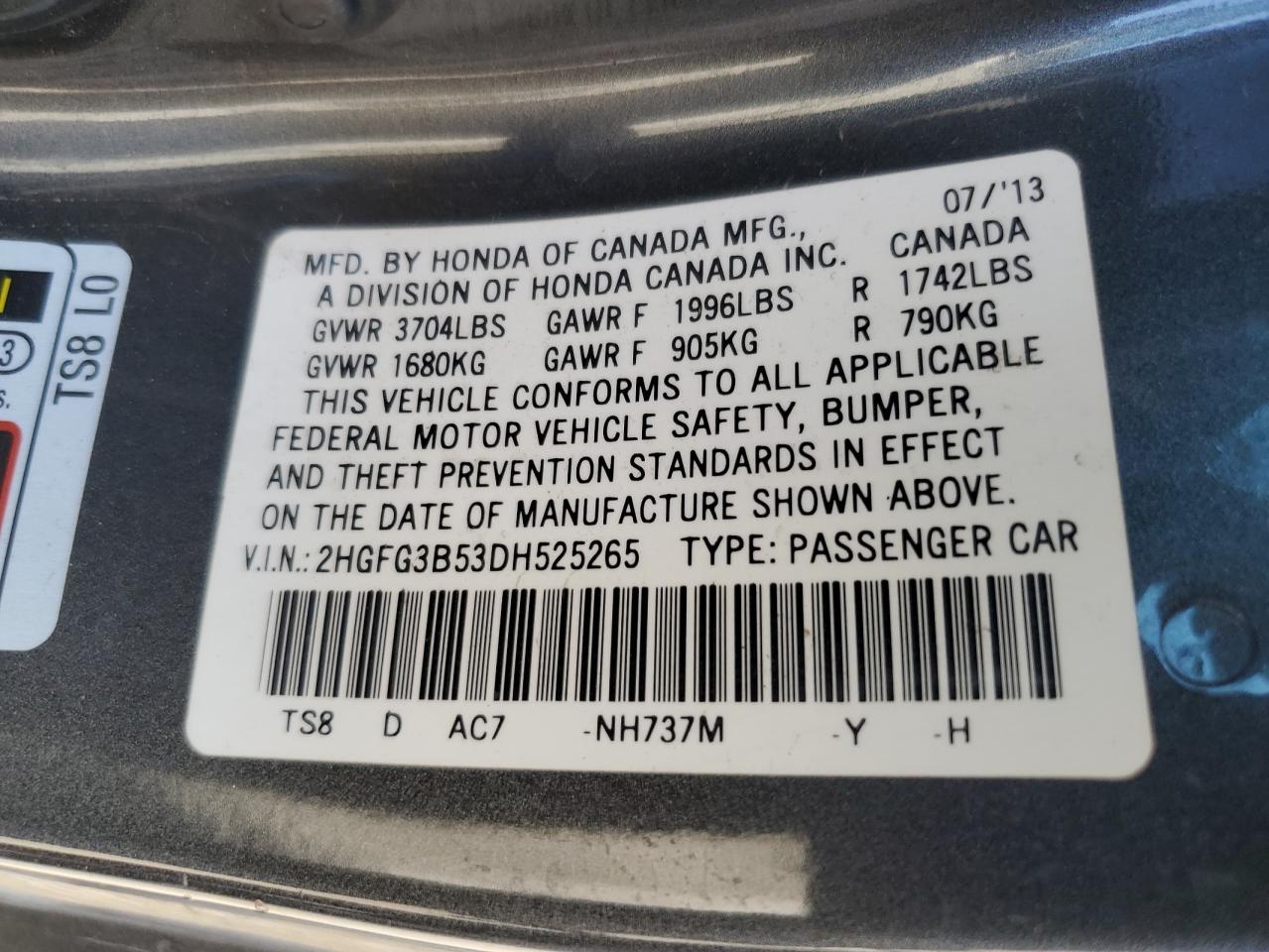 2013 Honda Civic Lx VIN: 2HGFG3B53DH525265 Lot: 91867755