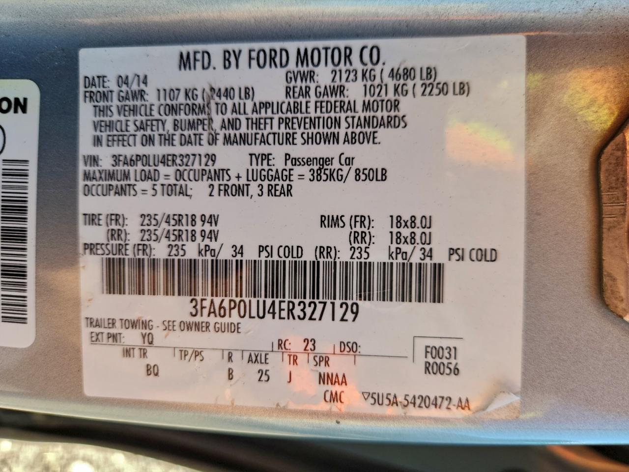 2014 Ford Fusion Se Hybrid VIN: 3FA6P0LU4ER327129 Lot: 94499185