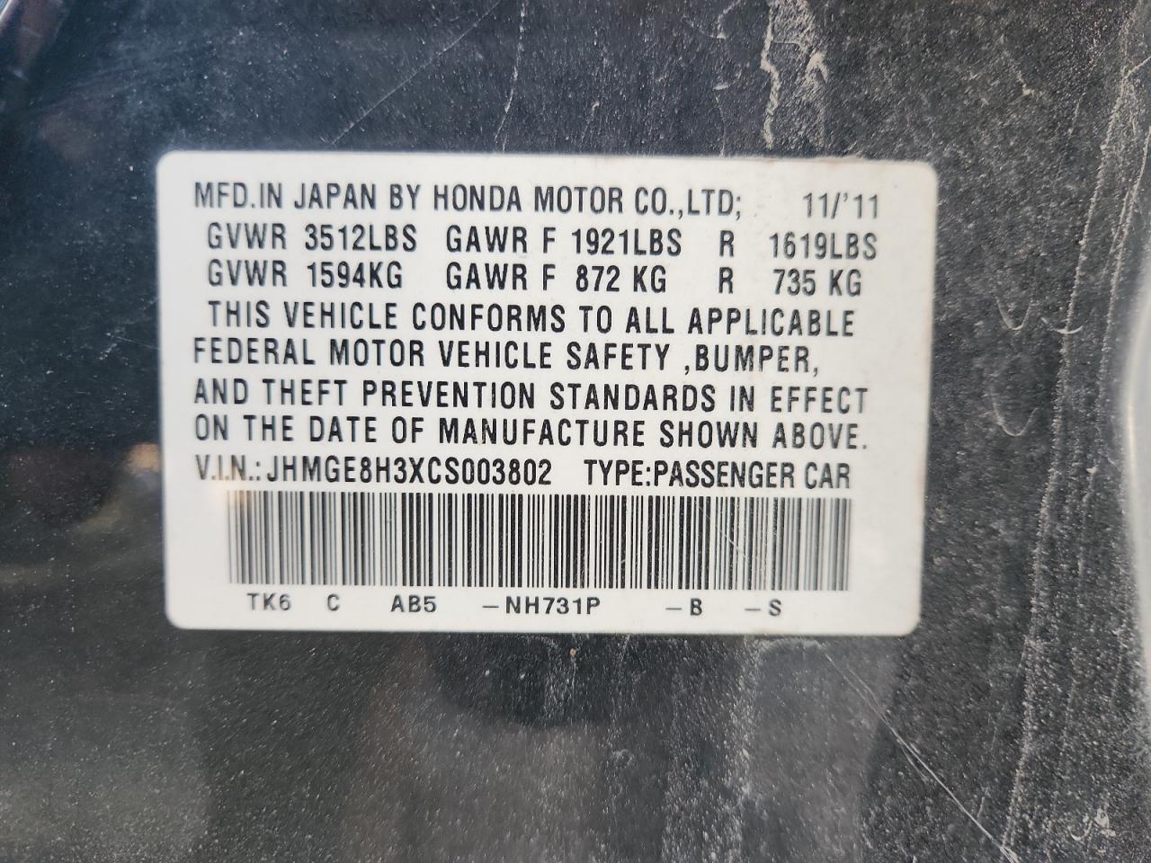 2012 Honda Fit VIN: JHMGE8H3XCS003802 Lot: 92139315