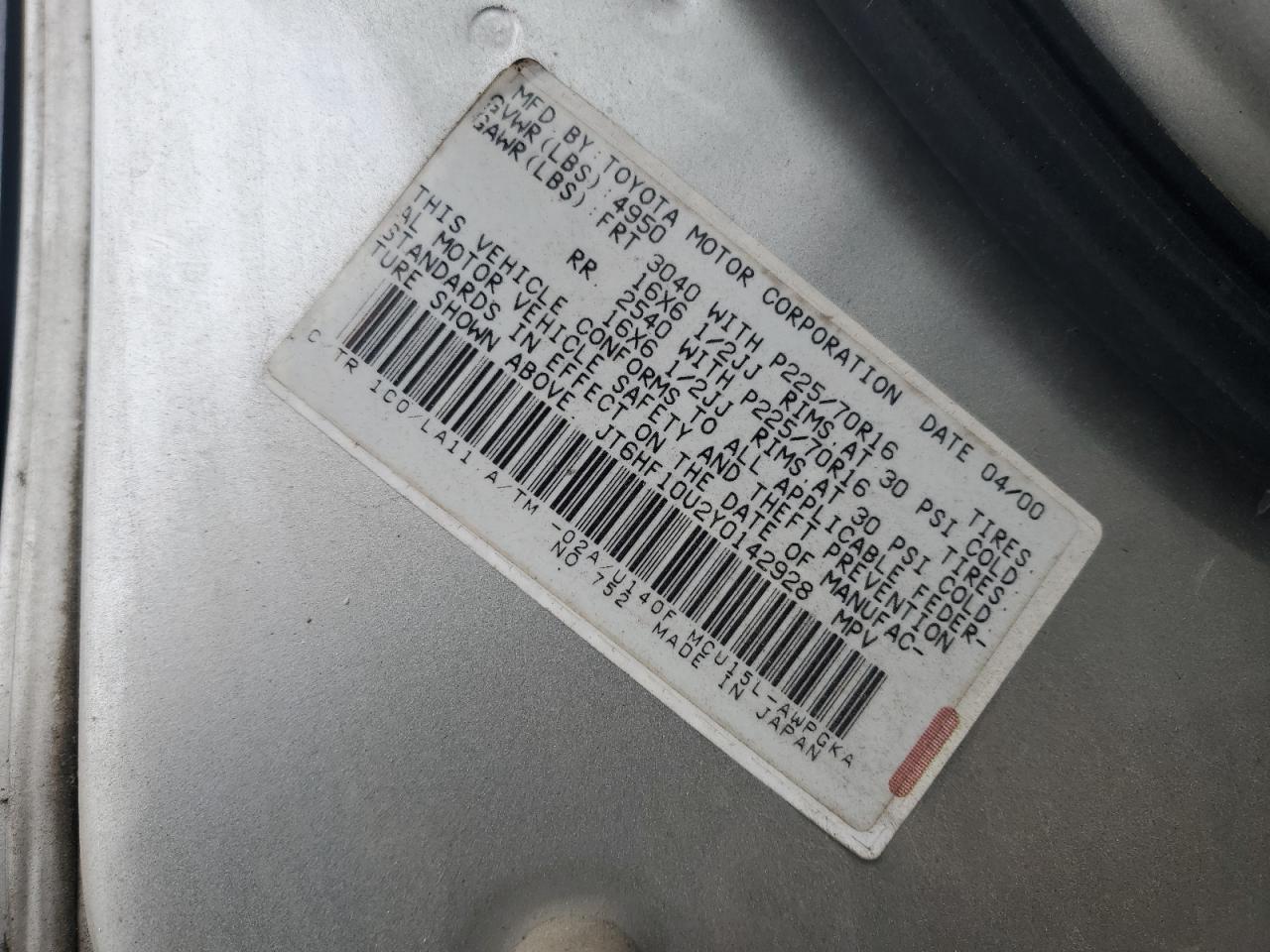 2000 Lexus Rx 300 VIN: JT6HF10U2Y0142928 Lot: 92635505