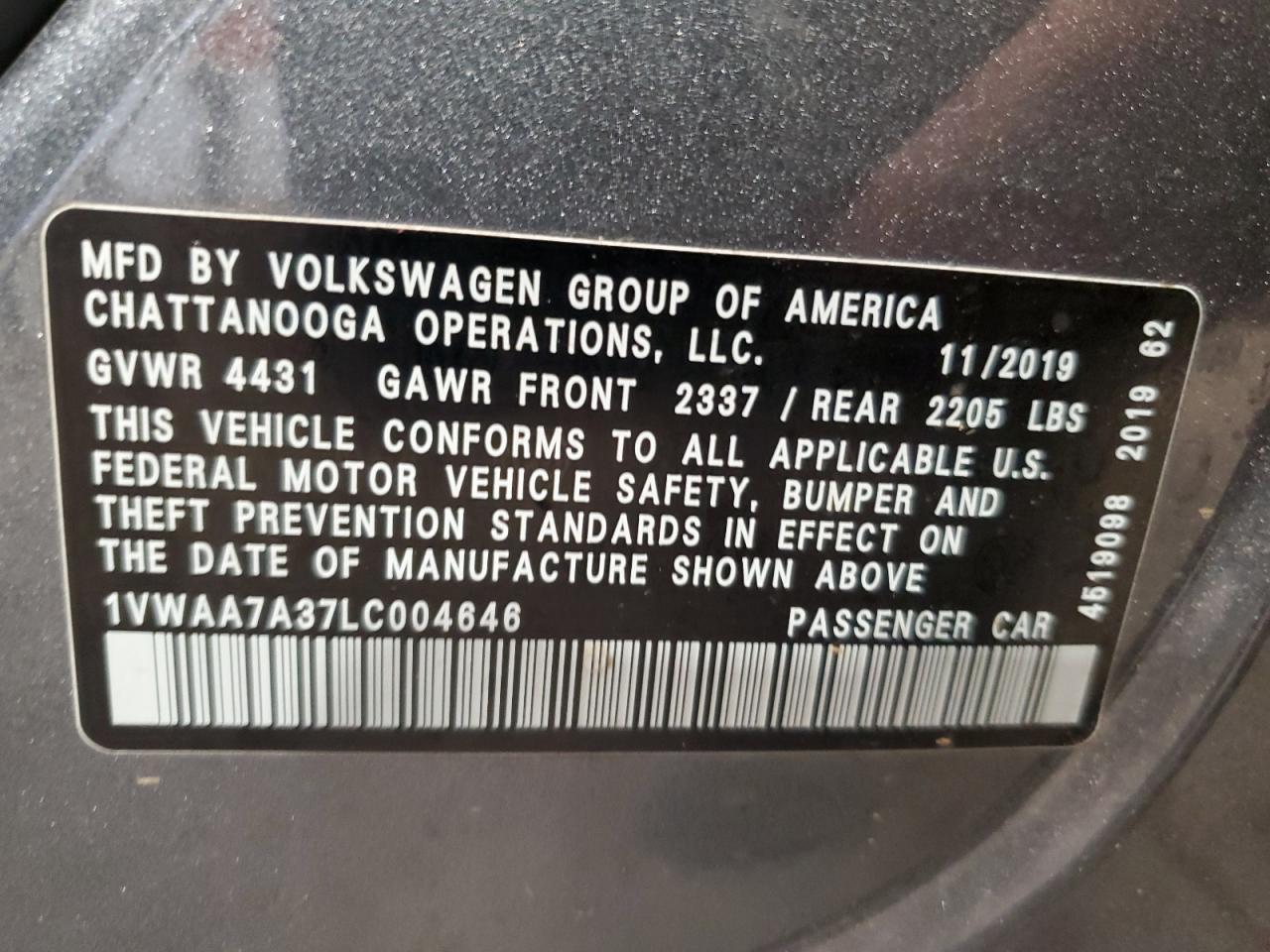 2020 Volkswagen Passat S VIN: 1VWAA7A37LC004646 Lot: 93273395