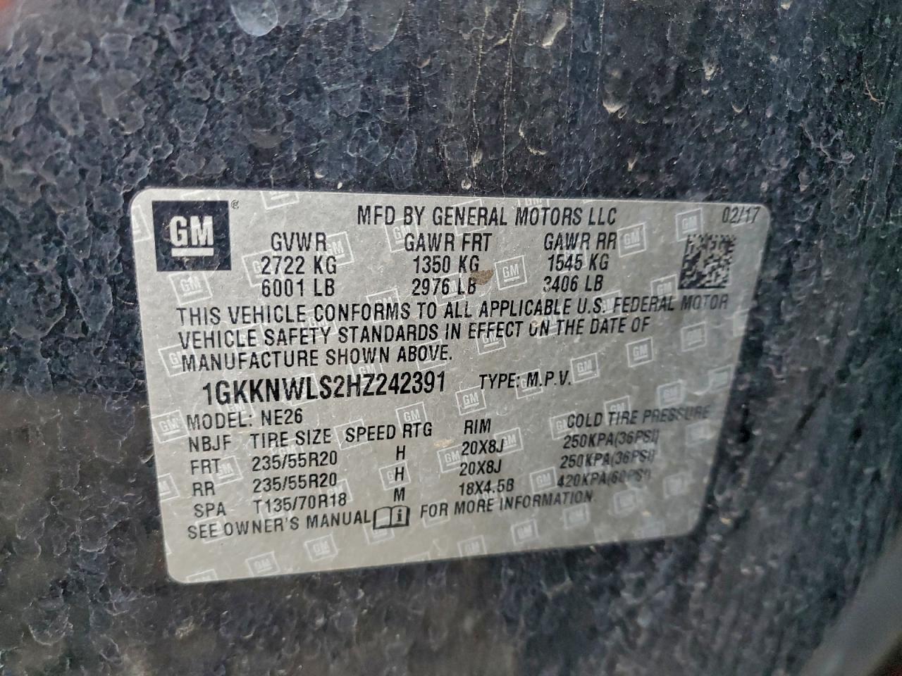 2017 GMC Acadia Slt-2 VIN: 1GKKNWLS2HZ242391 Lot: 93151575