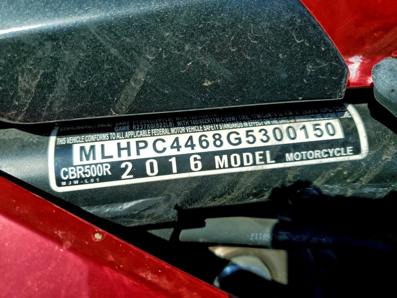 2016 Honda Cbr500 R VIN: MLHPC4468G5300150 Lot: 94360505