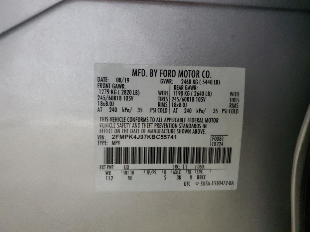 2019 Ford Edge Sel VIN: 2FMPK4J97KBC55741 Lot: 92814045