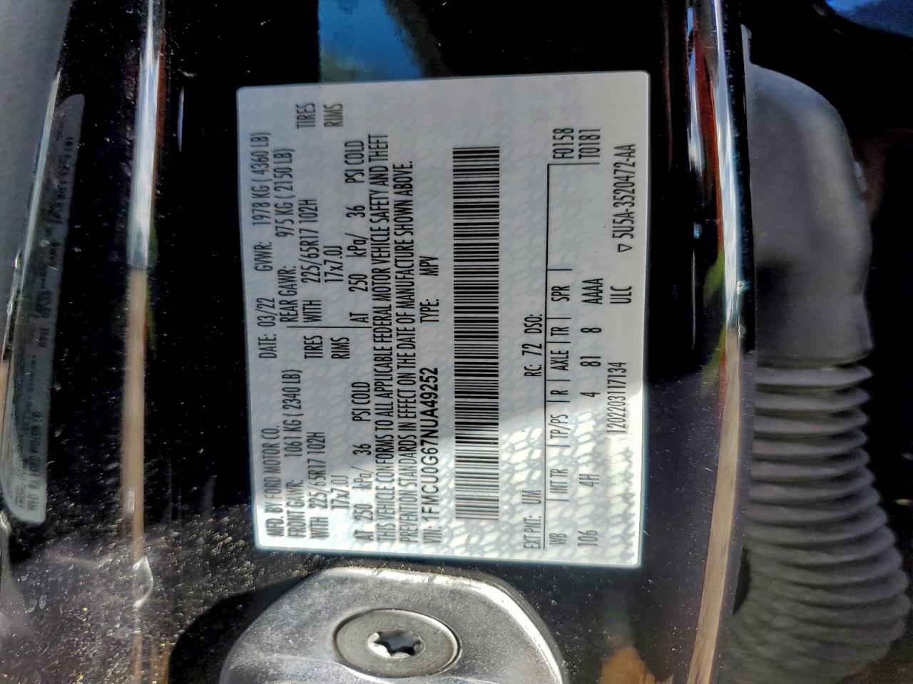 2022 Ford Escape Se VIN: 1FMCU0G67NUA49252 Lot: 94733015