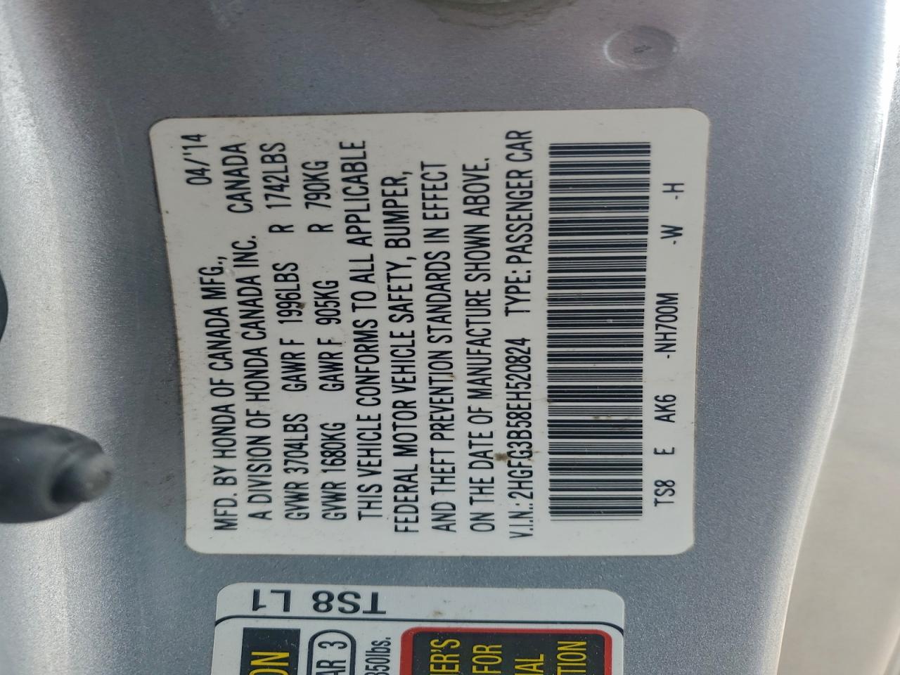 2014 Honda Civic Lx VIN: 2HGFG3B58EH520824 Lot: 94543475