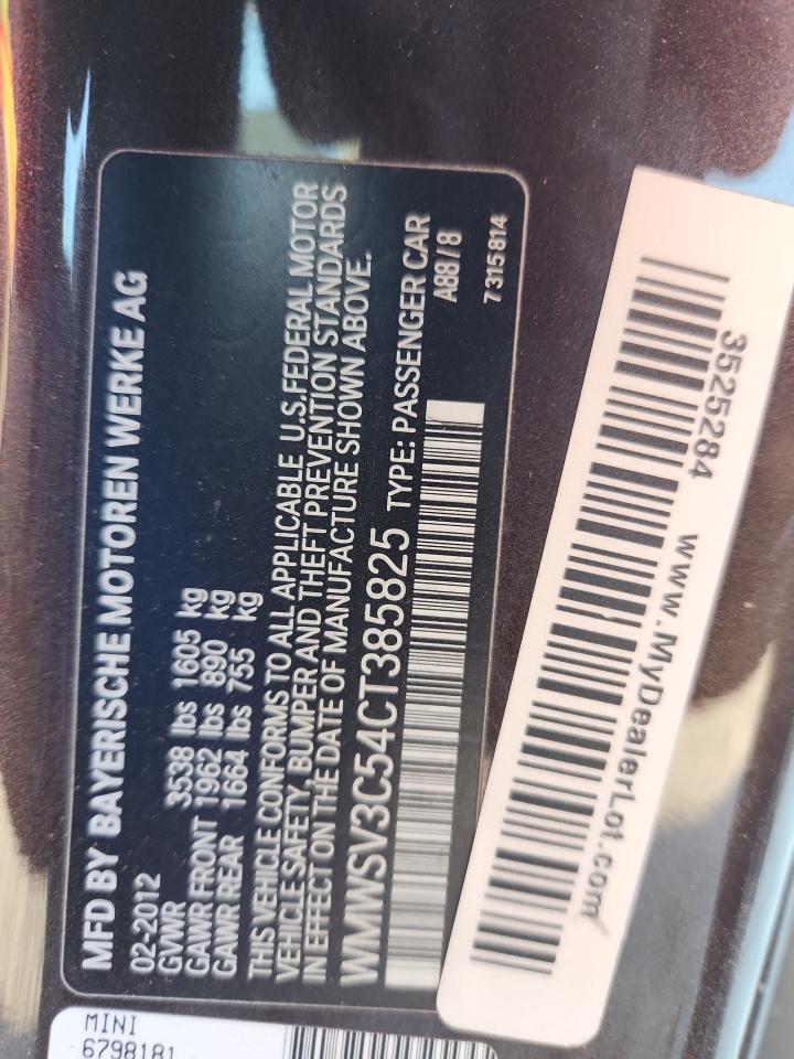 2012 Mini Cooper S VIN: WMWSV3C54CT385825 Lot: 92402975