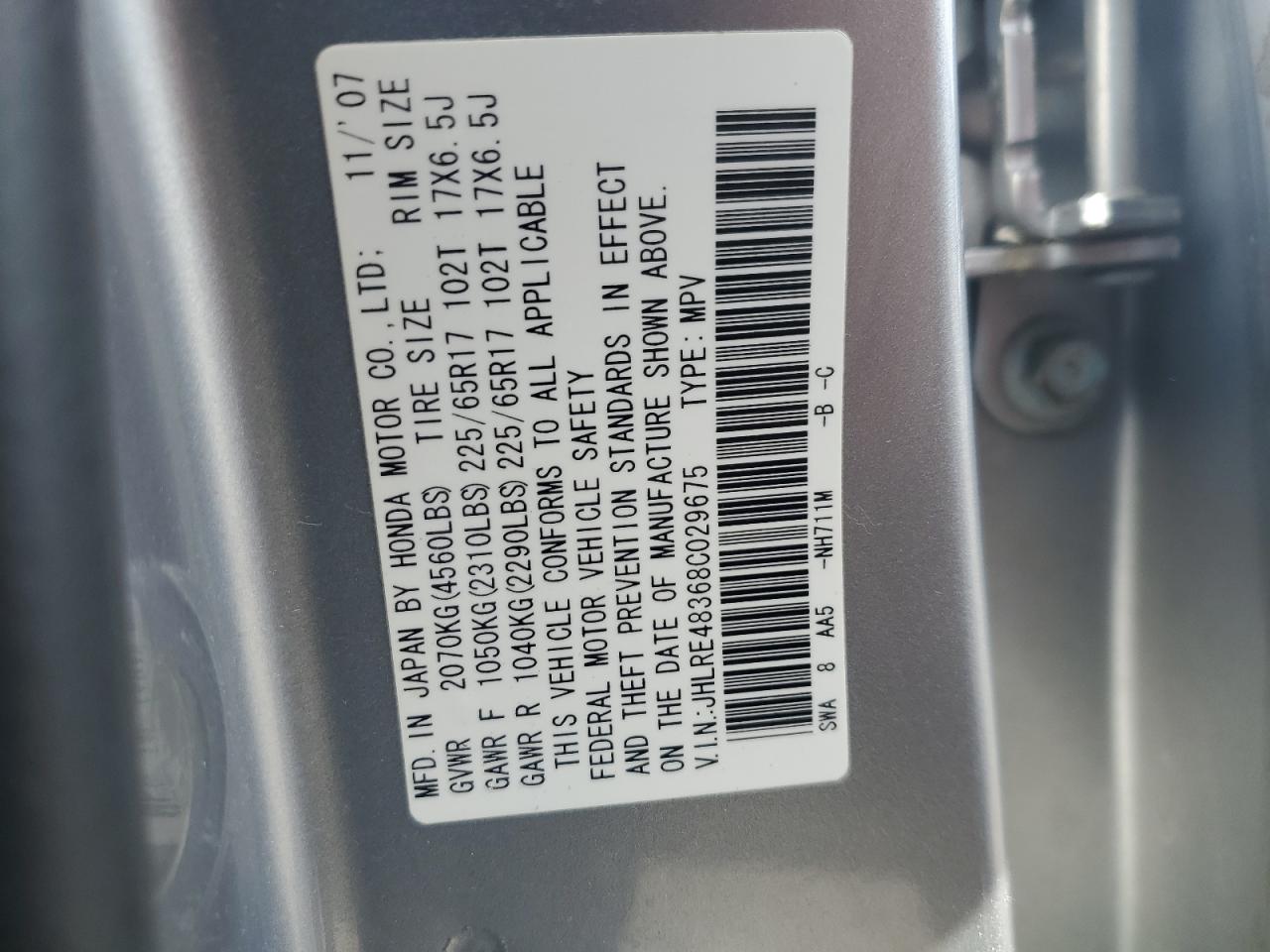 2008 Honda Cr-V Lx VIN: JHLRE48368C029675 Lot: 91899035