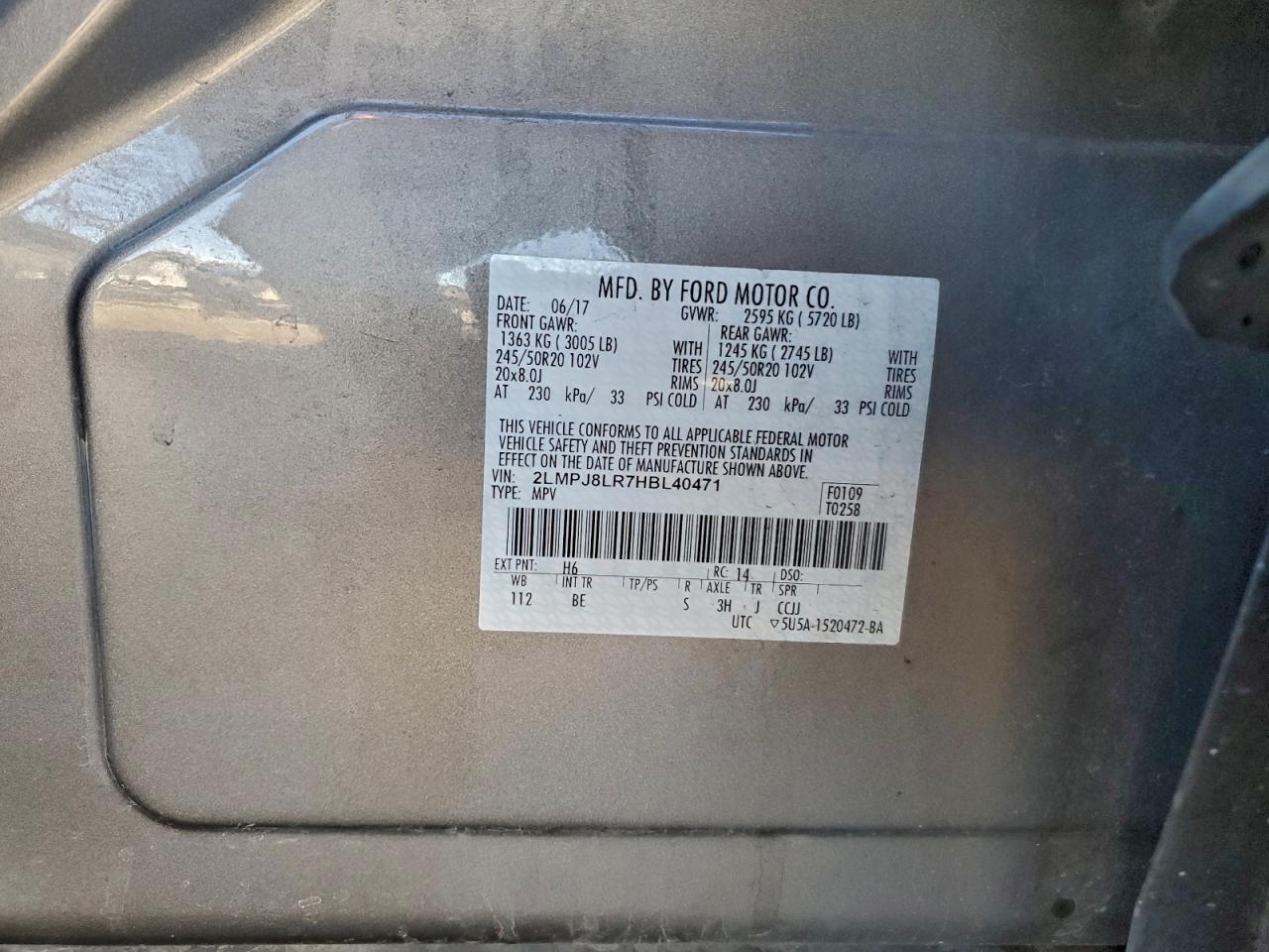 2017 Lincoln Mkx Reserve VIN: 2LMPJ8LR7HBL40471 Lot: 94246105