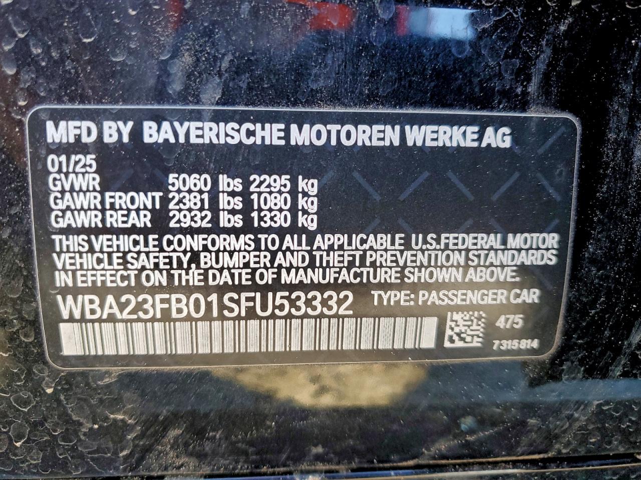 2025 BMW 430I Gran Coupe VIN: WBA23FB01SFU53332 Lot: 94369955