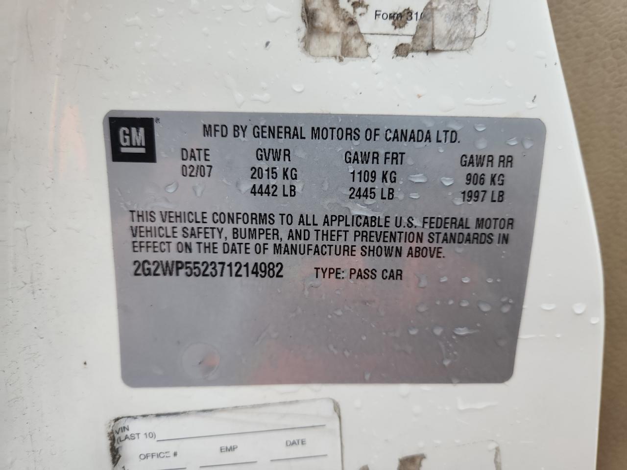 2007 Pontiac Grand Prix VIN: 2G2WP552371214982 Lot: 93626465