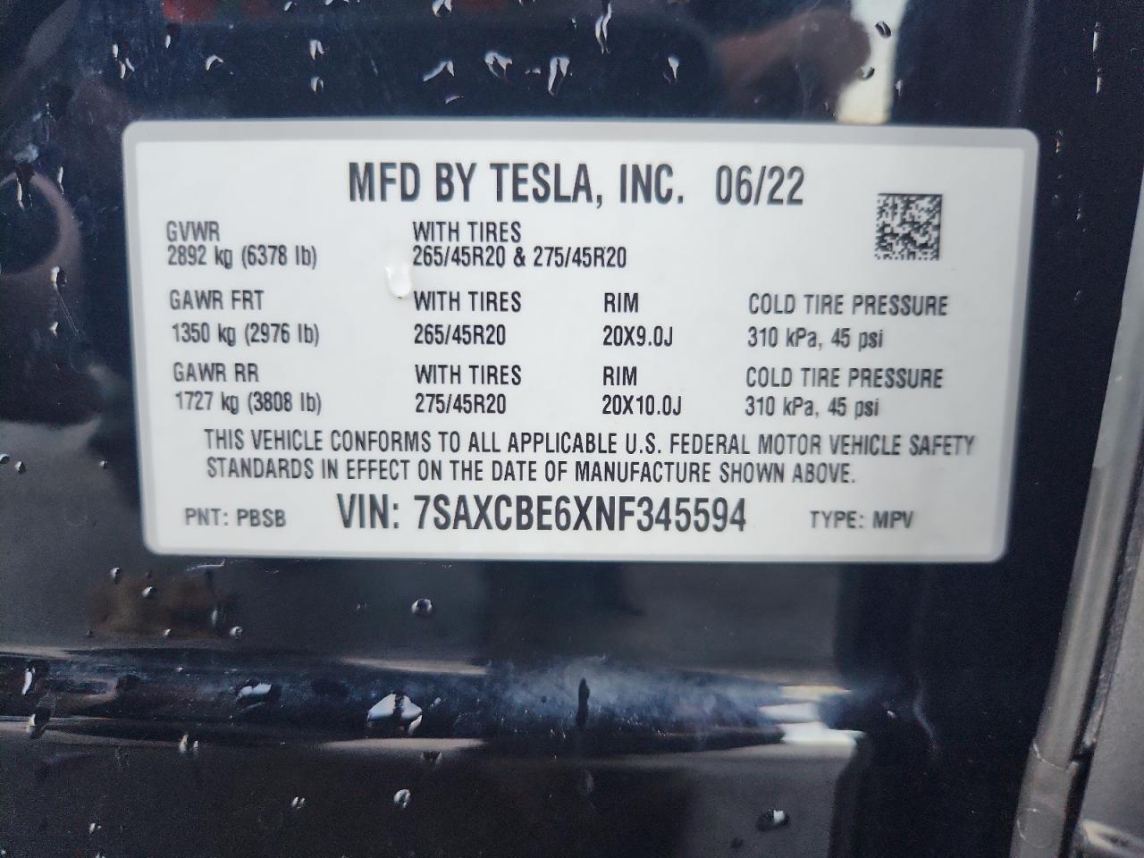 2022 Tesla Model X VIN: 7SAXCBE6XNF345594 Lot: 90920415