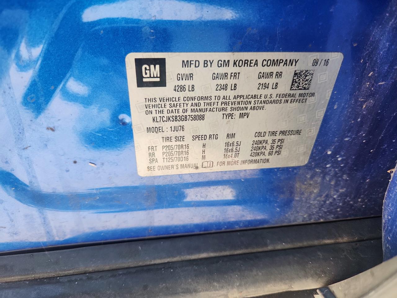 2016 Chevrolet Trax Ls VIN: KL7CJKSB3GB758088 Lot: 93060265