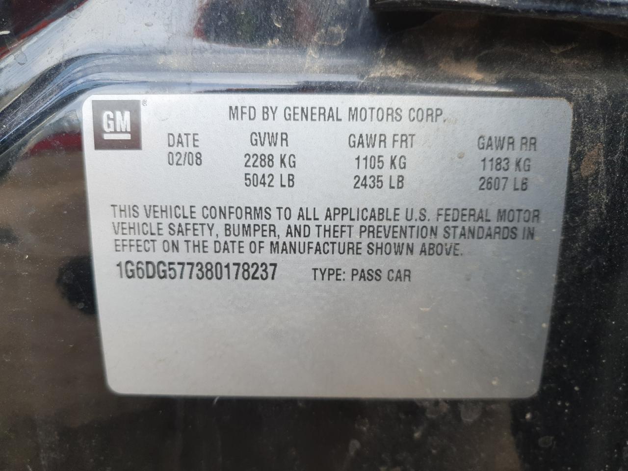 2008 Cadillac Cts VIN: 1G6DG577380178237 Lot: 85418385