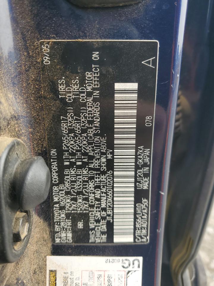 2006 Lexus Gx 470 VIN: JTJBT20X660102076 Lot: 91919345