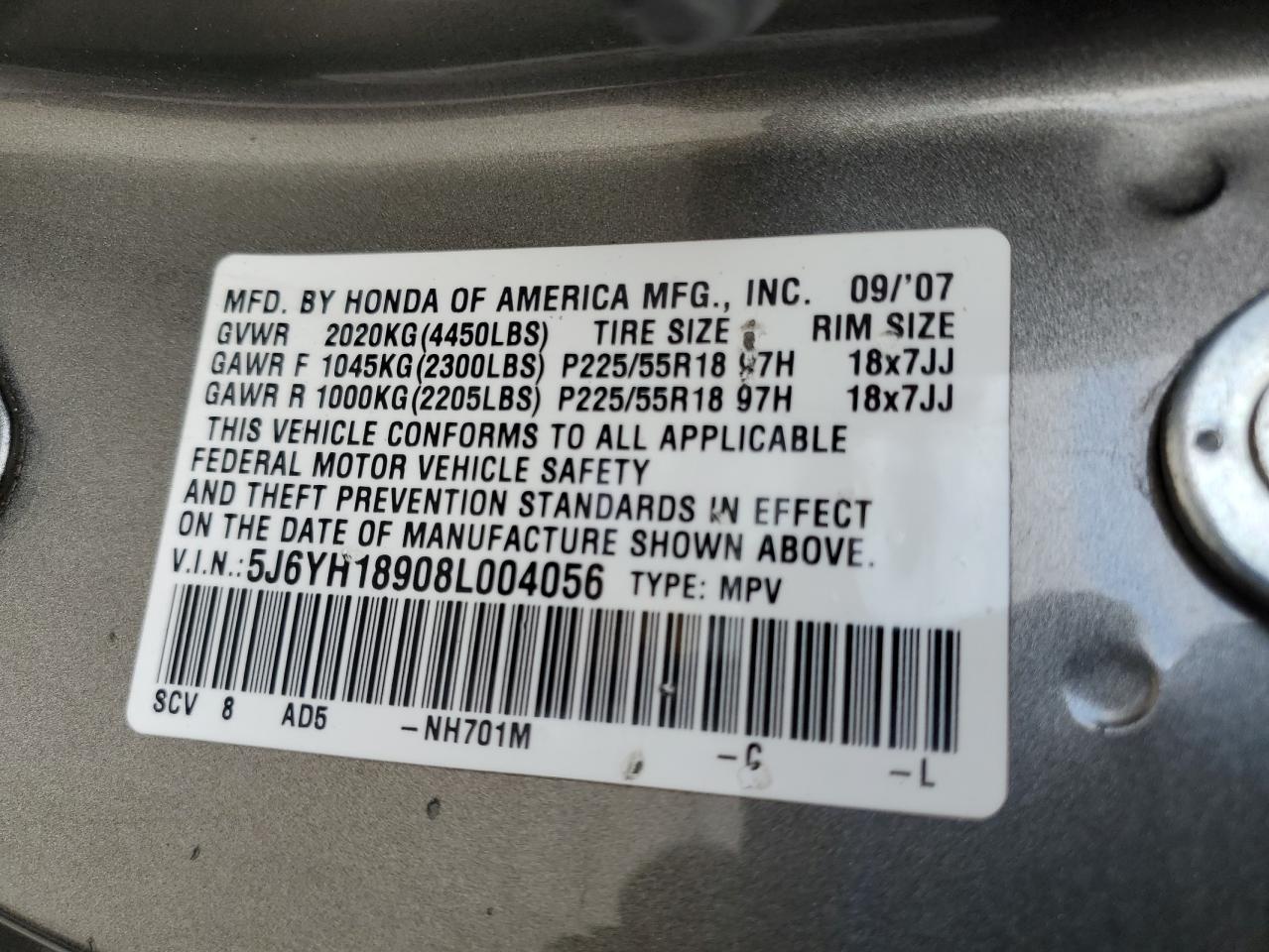 2008 Honda Element Sc VIN: 5J6YH18908L004056 Lot: 93780225