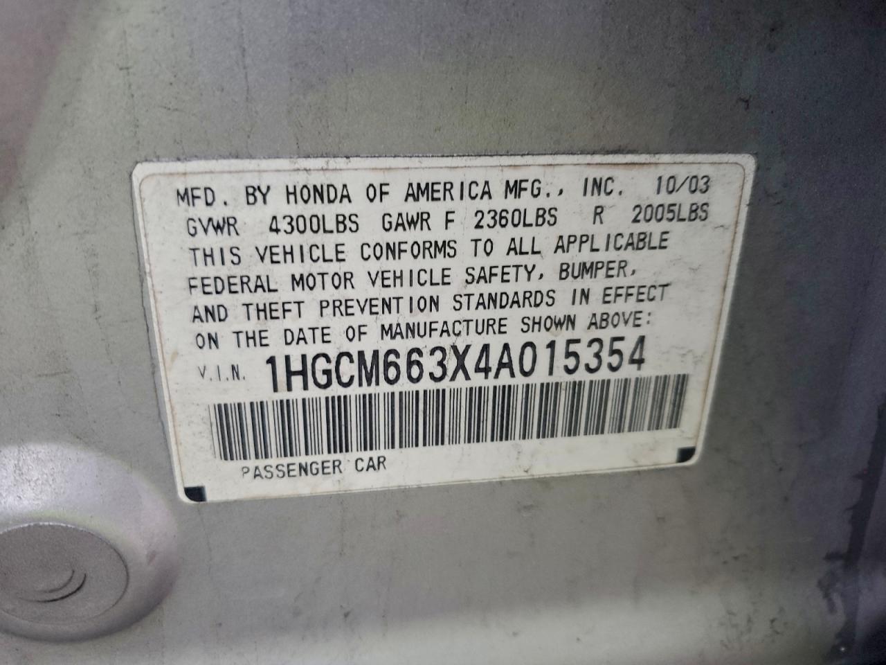 2004 Honda Accord Lx VIN: 1HGCM663X4A015354 Lot: 93616315