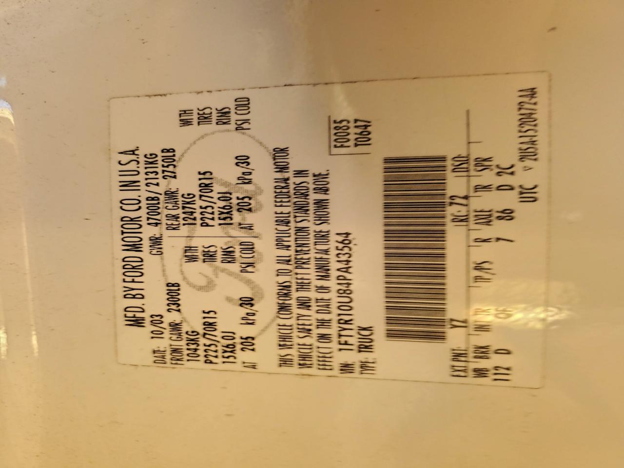 2004 Ford Ranger VIN: 1FTYR10U84PA43564 Lot: 94610955