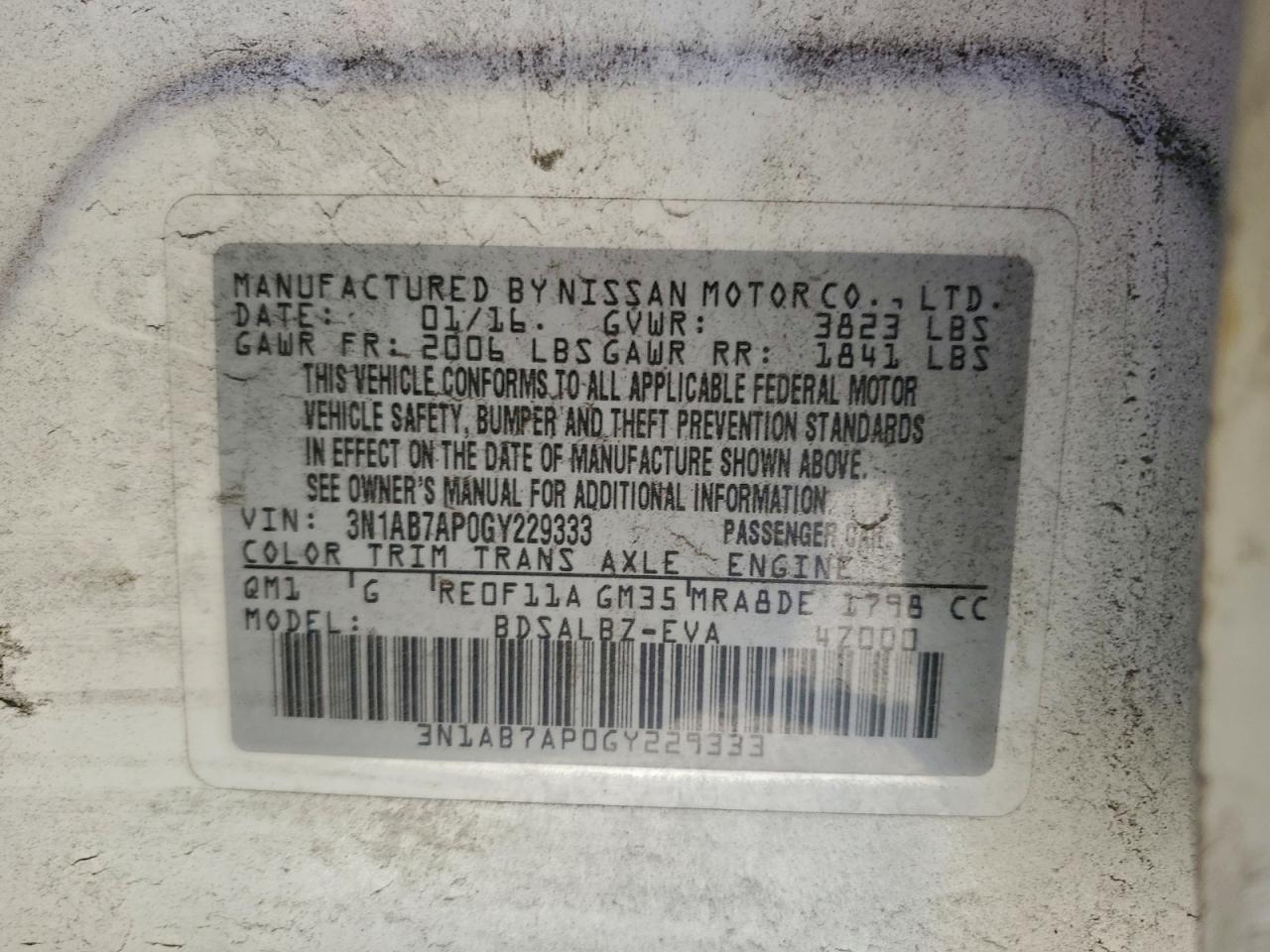 2016 Nissan Sentra S VIN: 3N1AB7AP0GY229333 Lot: 92227645