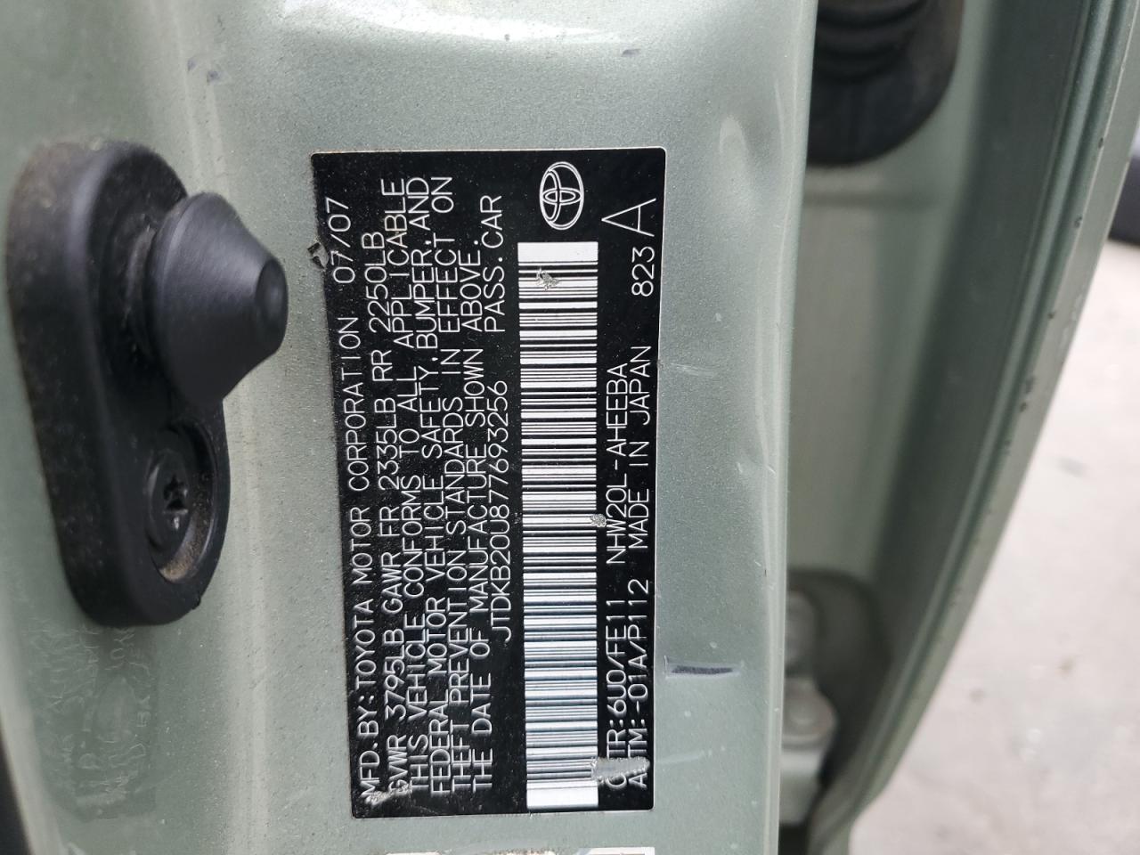 2007 Toyota Prius VIN: JTDKB20U877693256 Lot: 92952505