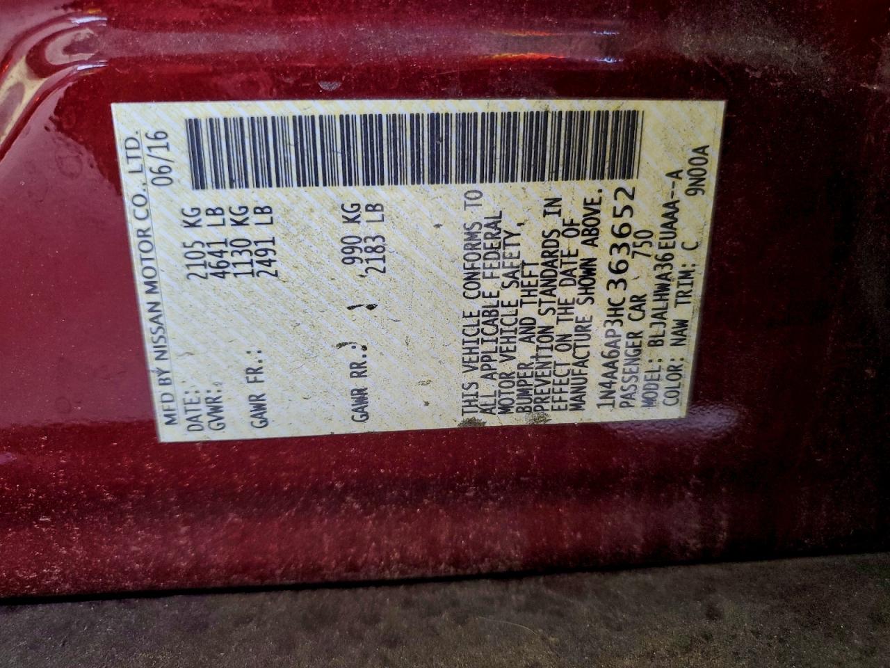 2017 Nissan Maxima 3.5S VIN: 1N4AA6AP3HC363652 Lot: 93725265