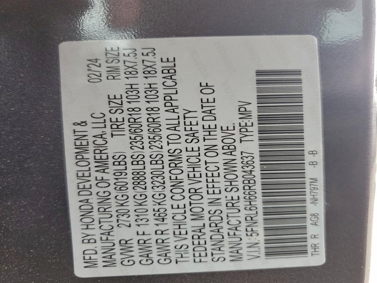 2024 Honda Odyssey Exl VIN: 5FNRL6H66RB043637 Lot: 93534655